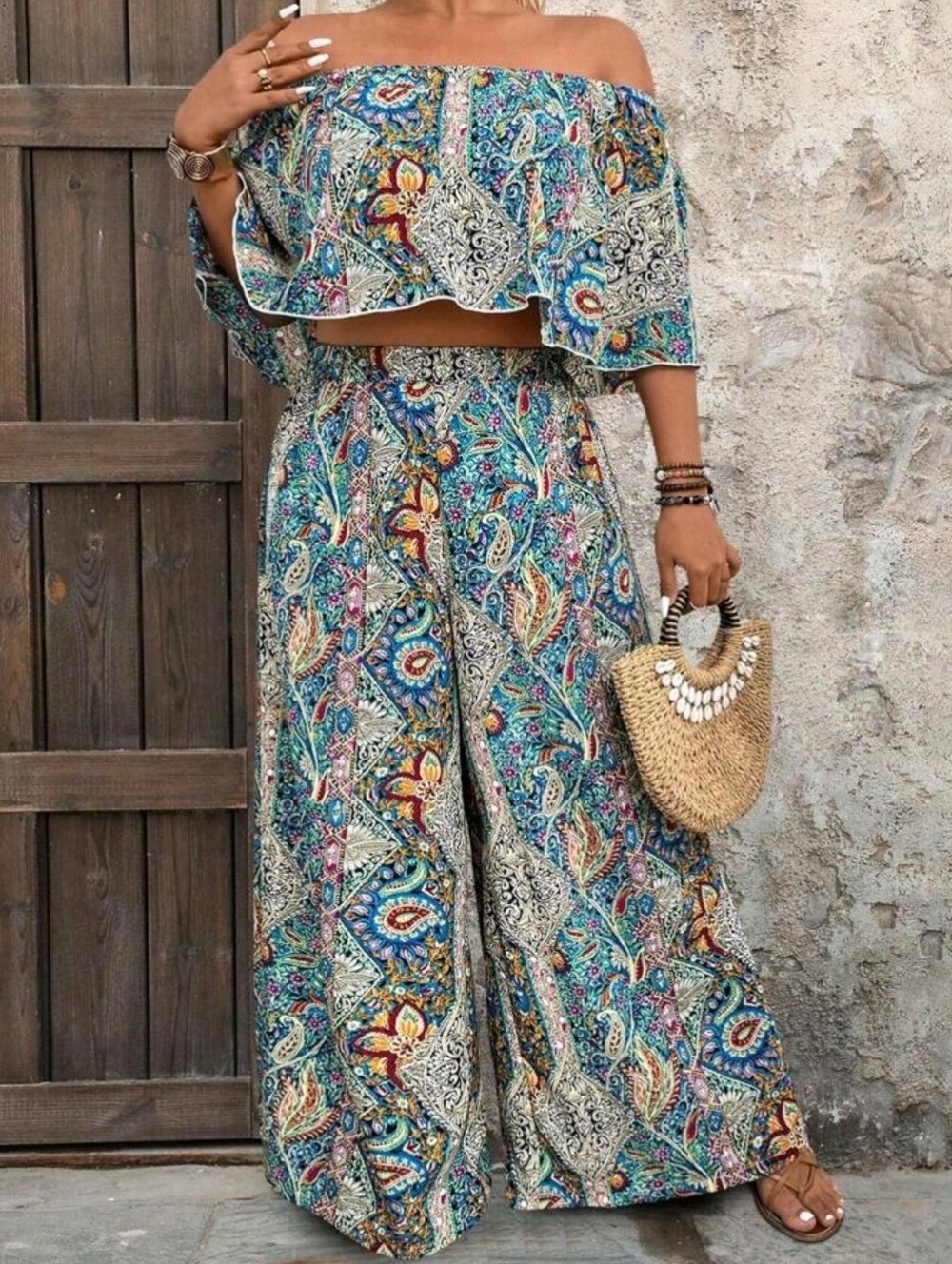 Bohemian Off-Shoulder Wide Leg 2 Piece Jumpsuit - Teal Multi